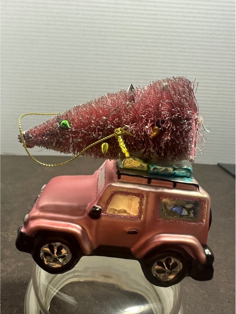 Pink SUV Glass Christmas Ornament Bottle Brush Tree Roof Holiday Decor